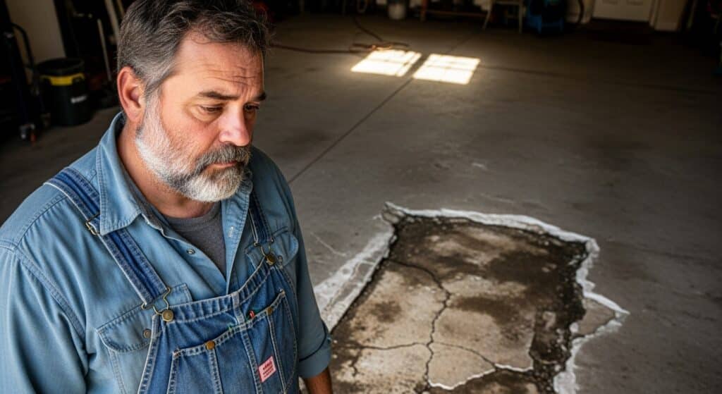 Cracked concrete garage floor before epoxy coating